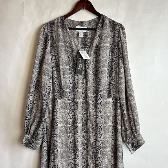 JOSEPH RIBKOFF size 14 Beige Black Snakeskin Button midi Dress Long Sleeve $349 - Picture 4 of 8